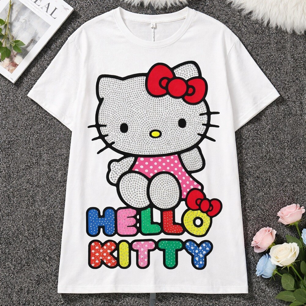 Hello Kitty longline T-Shirt Women’s one size White Rhinestone Graphic - Picture 3 of 5